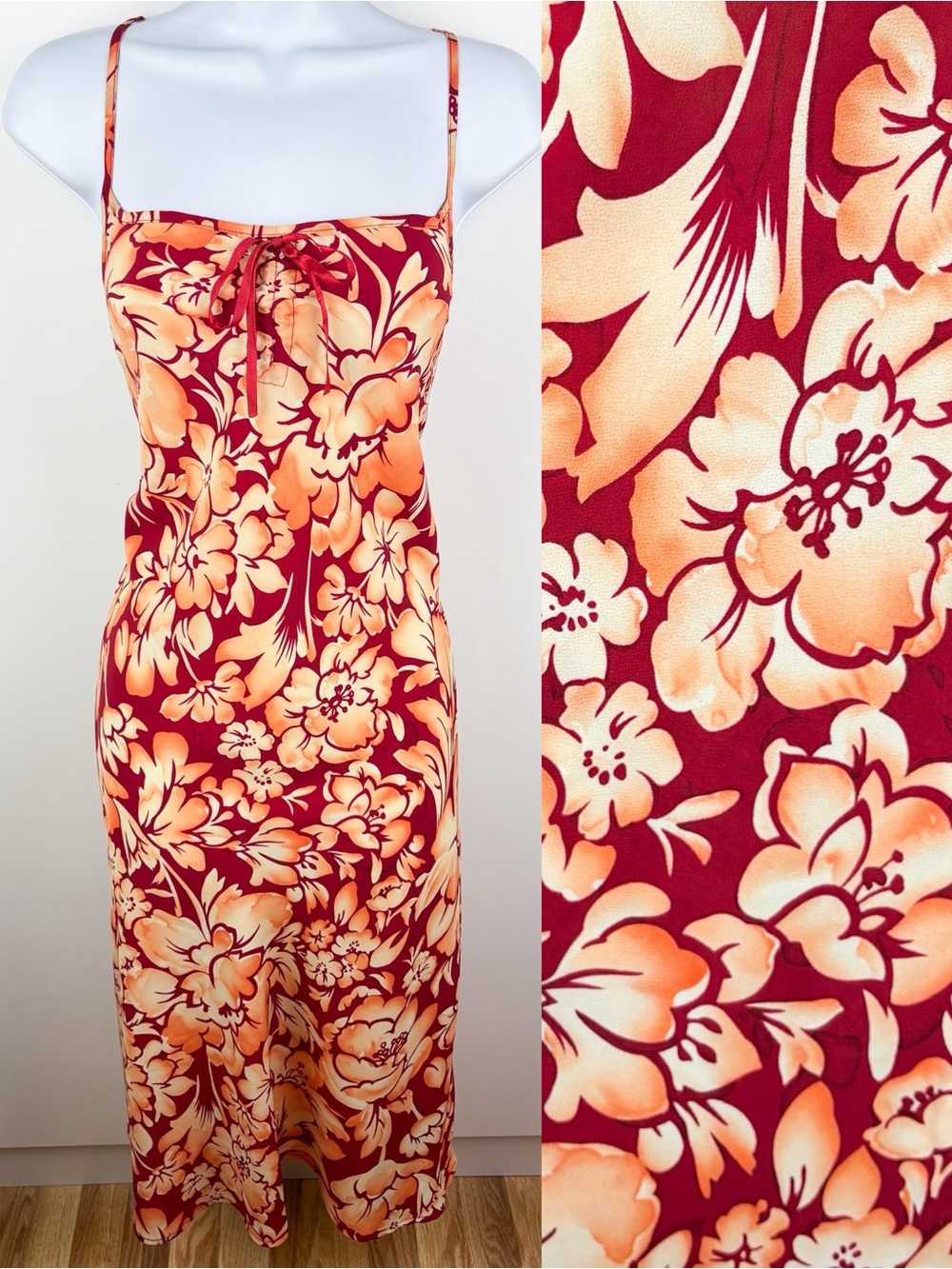 Vintage Y2K Hibiscus Tropical Floral Midi Cocktail Slip Dress Red Uptown Girls